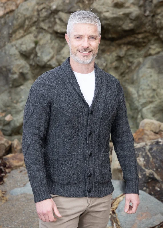 men's cashmere sweaters-Aran Men's Shawl Button Cardigan | Charcoal