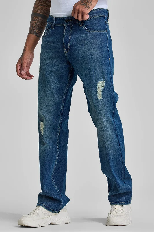 men's versatile pants-Blue Distressed Bootcut Jeans