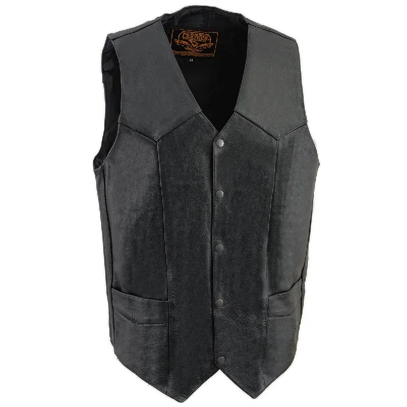 men's budget vests-Milwaukee Leather SH1310Tall Men's Black Leather Classic V-Neck Motorcycle Rider Vest w/ Snap Button Closure