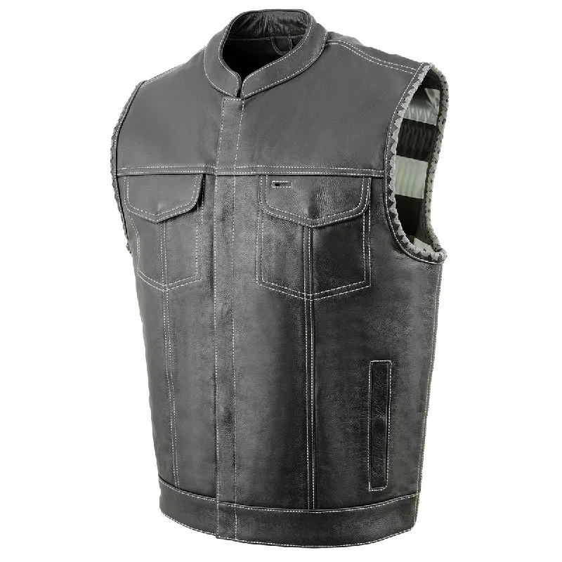 men's utility work vests-Milwaukee Leather MLM3507 Men's Old Glory Black Premium Leather Club Style Vest w/ Grey Stitching Laced Armholes