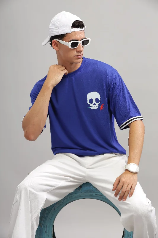 men's long sleeve t-shirts-Blue Oversized "Skeleton" White Tapping T-Shirt