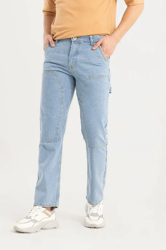 men's formal trousers-Looped Sky Blue Straight Fit Carpenter Jeans