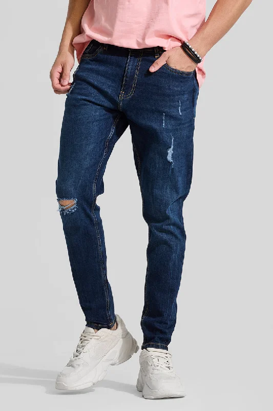 men's party trousers-Dark Blue Distressed Skinny Fit Jeans