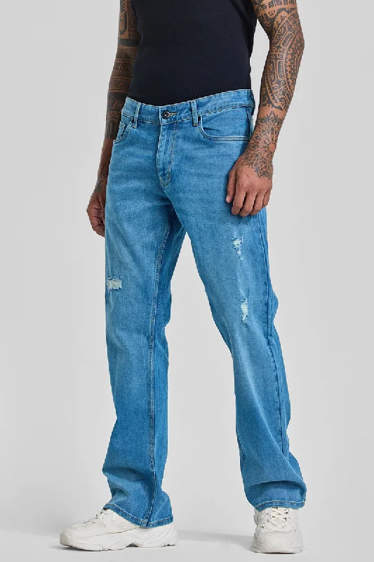 men's stretch jeans-Blue Distressed Bootcut Jeans