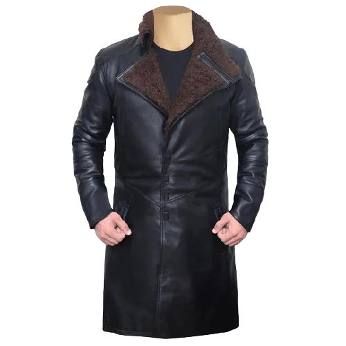 men's wool coats-Gosling Men’s Black Leather Trench Coat