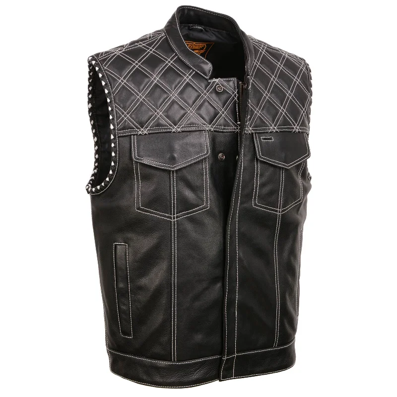 men's printed vests-Milwaukee Leather MLM3525 Men's Black 'Paisley' Accented White Stitching Leather Vest – w/Armhole Trim Open Collar Design