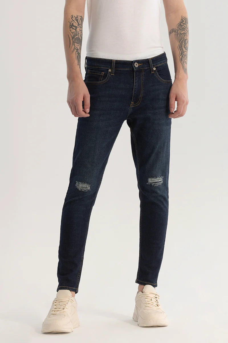 men's breathable pants-Navy Distressed Skinny Fit Jeans