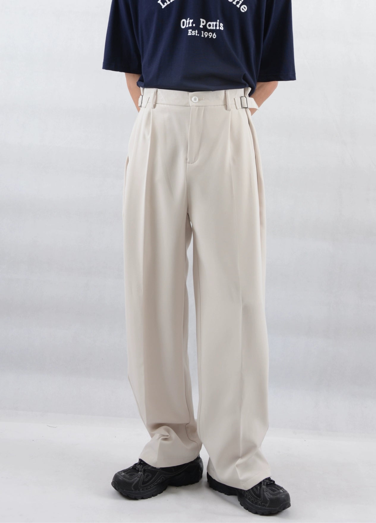 men's eco-friendly pants-Wide Leg Pleated Trousers with Buckle Detail