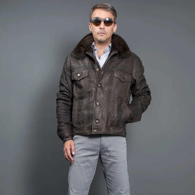 men's comfortable fit jackets-Python leather Jacket with Russian sable fur collar for men luxury