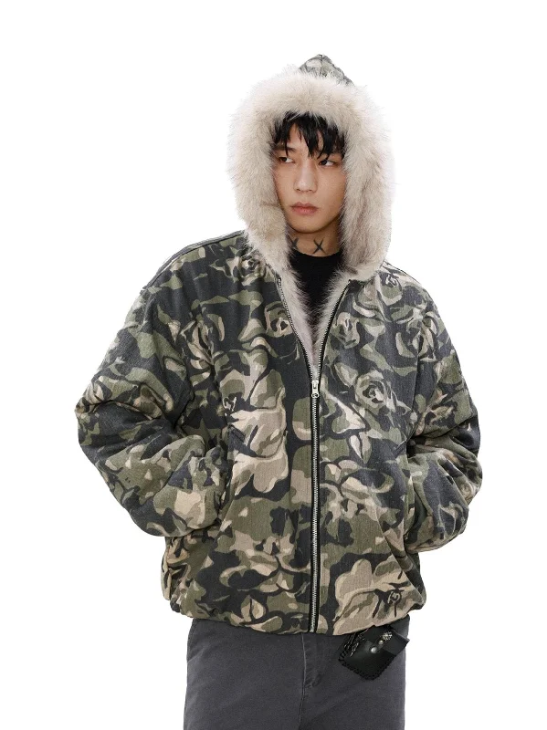 men's designer hoodies-Faux Fur Line Camo Hooded Bomber Jacket