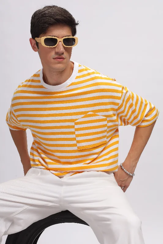 men's limited edition t-shirts-White Yellow Oversized Striped Pocket T-Shirt