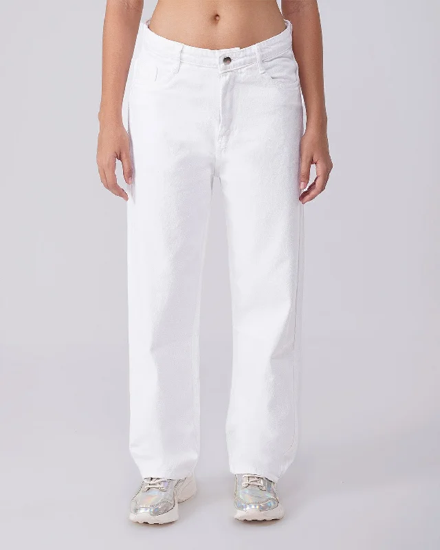 men's windproof trousers-WHITE SOLID RELAXED FIT JEANS