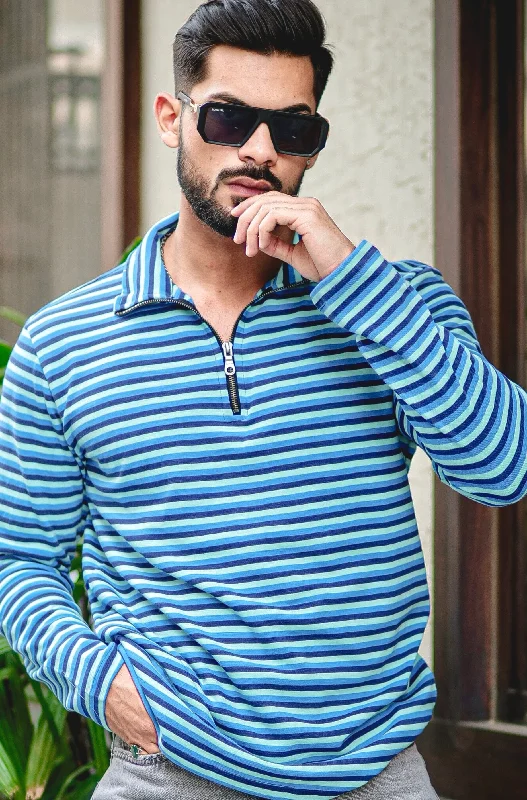 men's v-neck t-shirts-Turquoise Blue Stripe Zipper T-Shirt