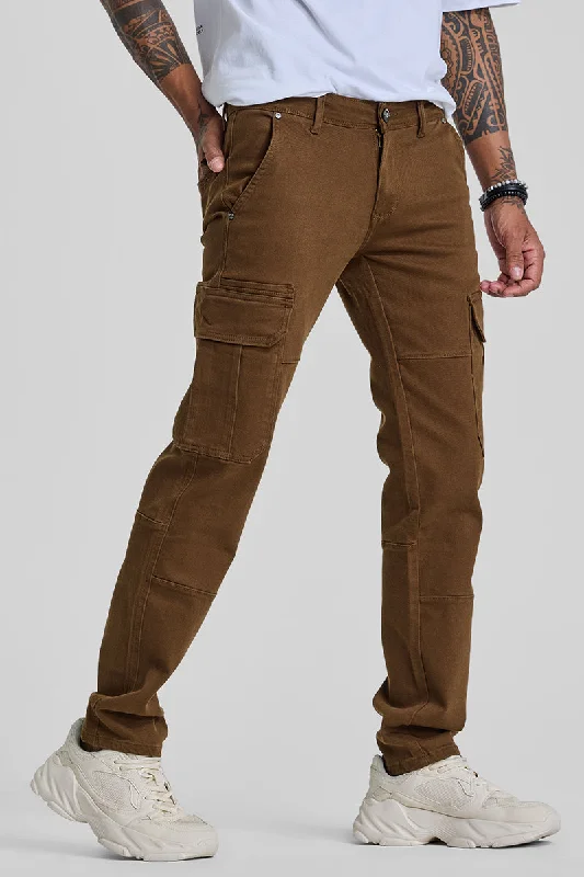 men's lightweight pants-Brown Slim Fit Cargo Jeans