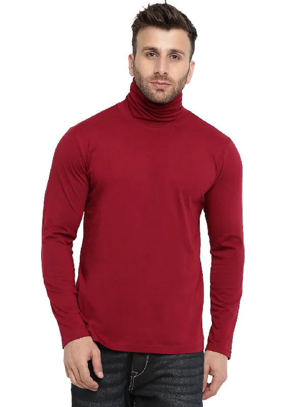 men's printed t-shirts-Maroon Full Sleeves High Neck T-Shirt