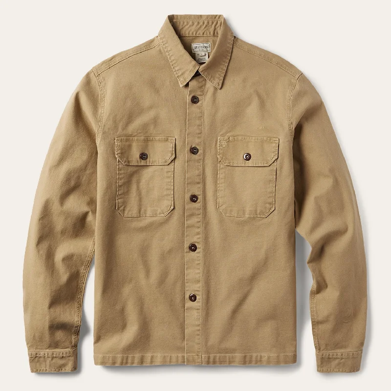 men's reflective jackets-Camel Stretch Canvas Shirt Jacket