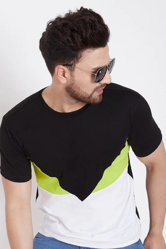 men's cool t-shirts-Black/Neon Green/White Color Block Men's Full Sleeve Round Neck T-Shirt