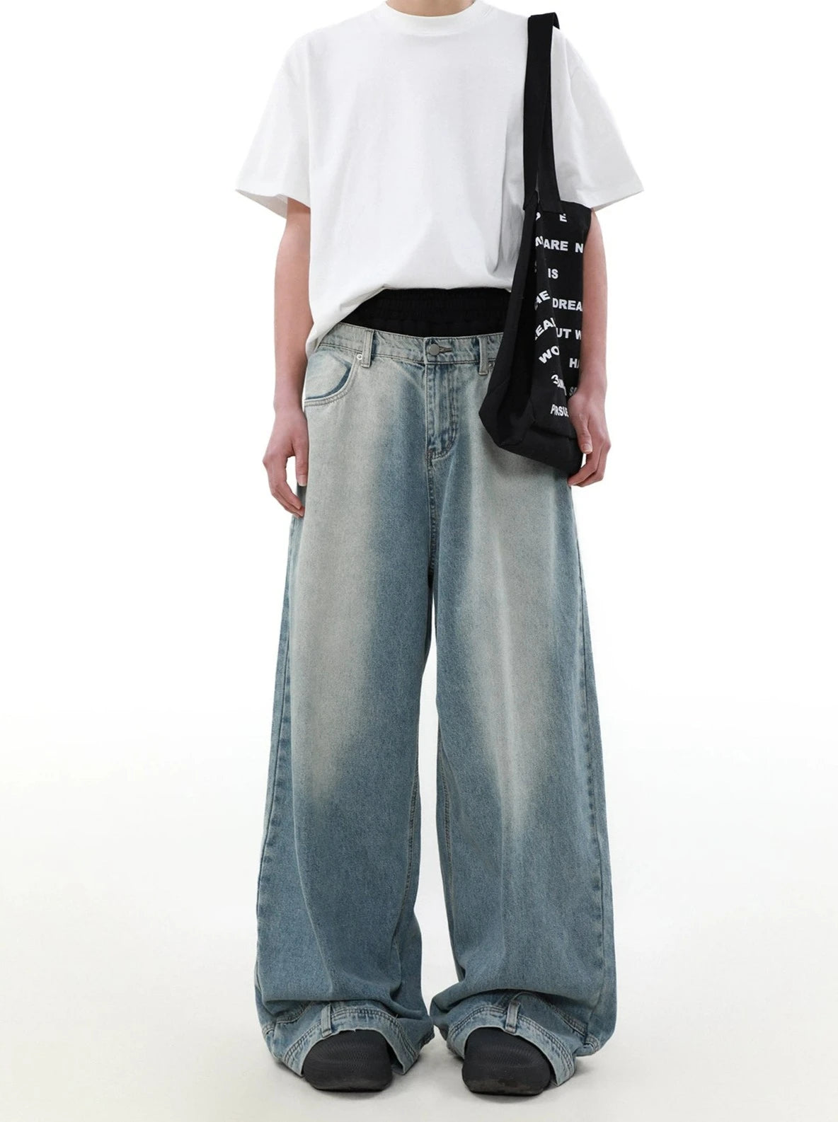 men's training trousers-Wide Leg Denim Upside-Down Effect Jeans with Contrast Stitching