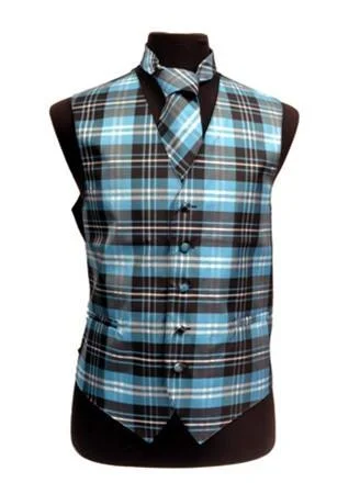 men's recycled vests-Men's Turquoise Plaid Vest with Neck Tie