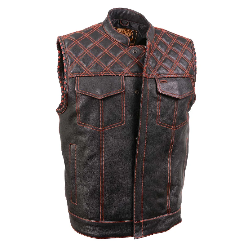 men's striped vests-Milwaukee Leather MLM3526 Men's Black 'Paisley' Accented Red Stitching Leather Vest – w/ Armhole Trim Open Collar Design