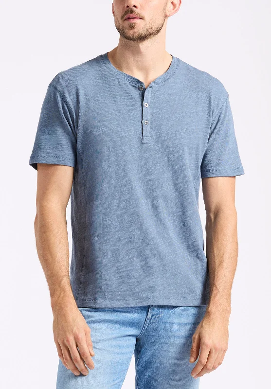 men's comfortable t-shirts-Kandido Men's Short Sleeve Slub Jersey Relaxed Henley Top, Mirage Blue - BM24605