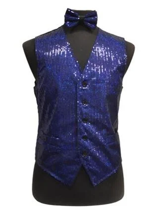 men's running vests-Men's Royal Blue Sequined Vest with Bow Tie