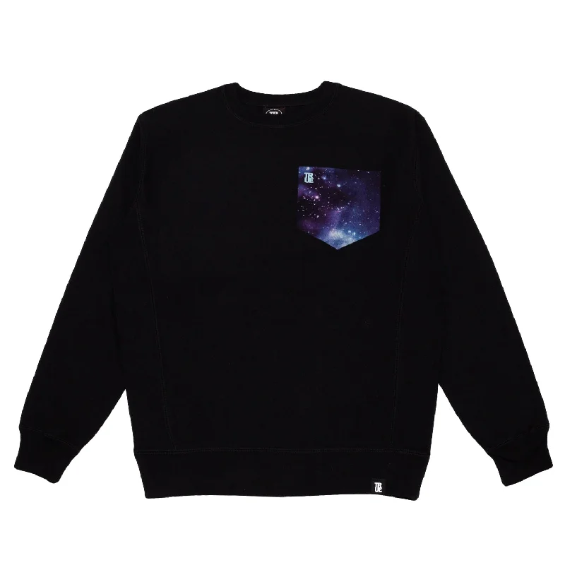 men's warm sweatshirts-Mens True Galaxy Pocket Crewneck Sweatshirt Black