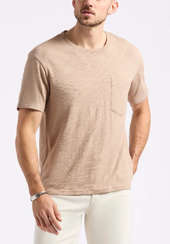 men's breathable t-shirts-Kander Men's Slub Knit Crew Neck Pocket T-Shirt, Tuffet Beige - BM24606