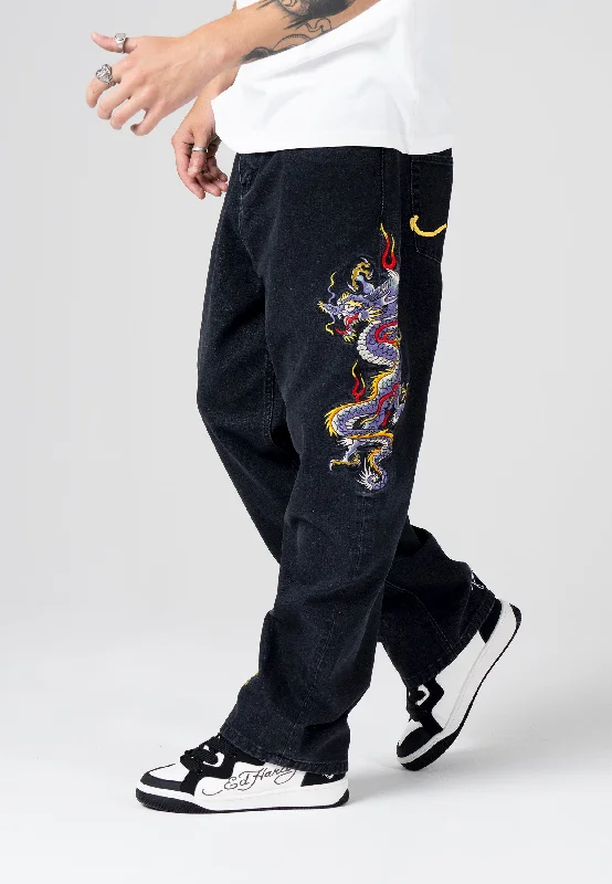 men's flat front pants-Mens Battle-Dragon Tattoo Denim Trousers Baggy Jeans - Black