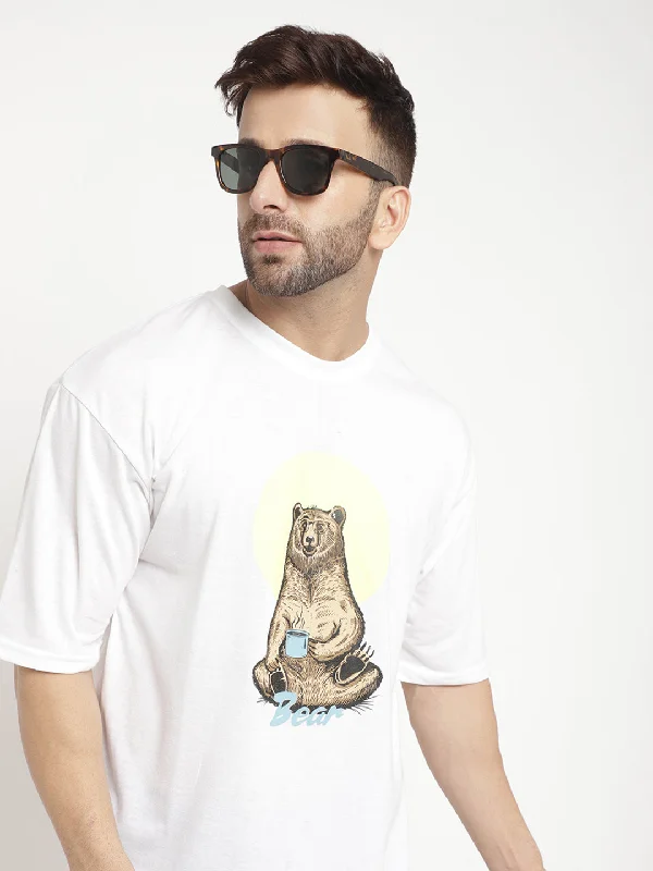 men's streetwear t-shirts-Oversized White Half Sleeve Bear  T-Shirt