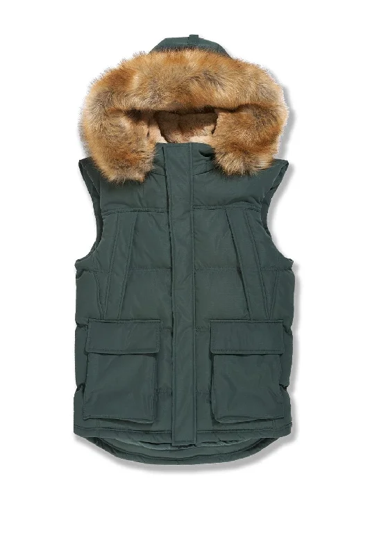 men's sustainable vests-Big Men's Yukon Fur Lined Puffer Vest (Dark Olive)