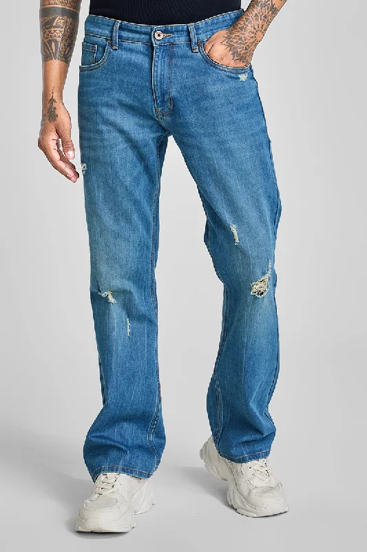 men's neutral color trousers-Blue Distressed Bootcut Jeans