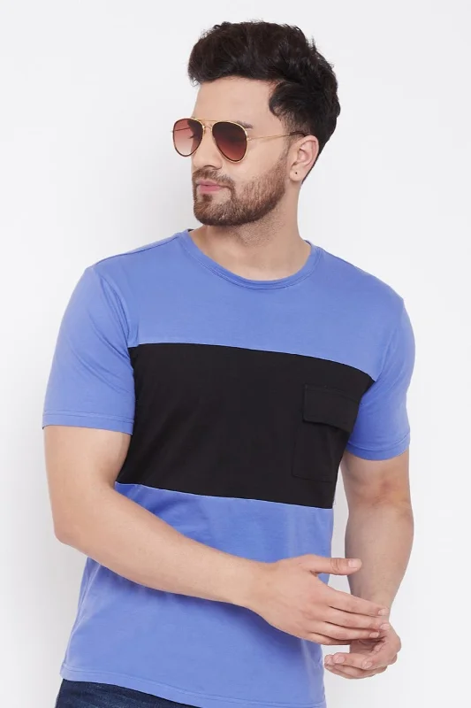 men's wardrobe essential t-shirts-Blue/Black Men's Half Sleeves Round Neck T-Shirt