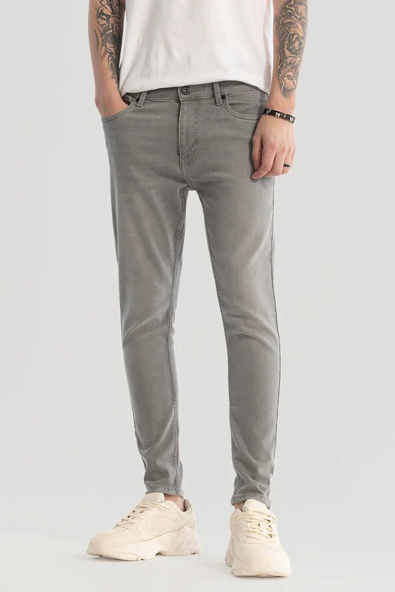 men's flannel pants-Light Grey Plain Skinny Fit Jeans