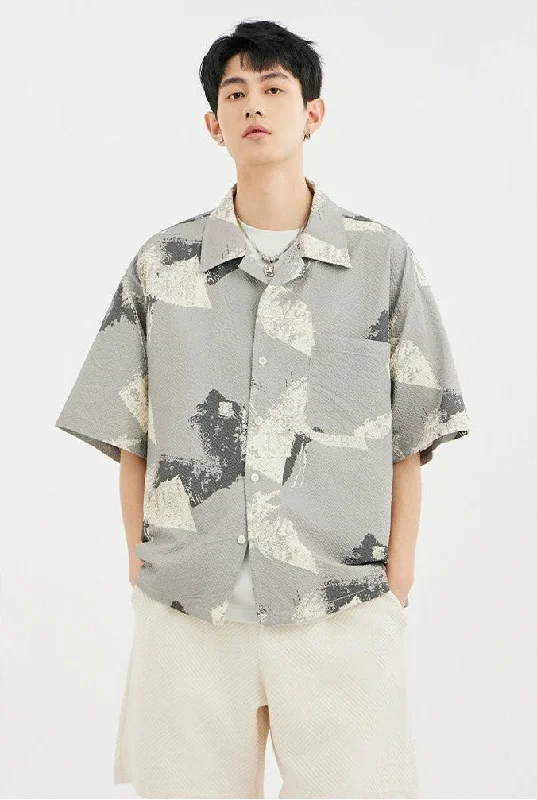 men's oversized shirts-Abstract Print Short Sleeve Button Shirt