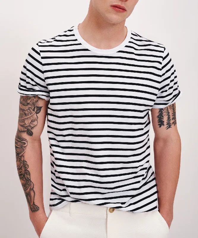 men's travel t-shirts-Classic Jersey Stripe Short Sleeve Crew Neck Tee - White-Black