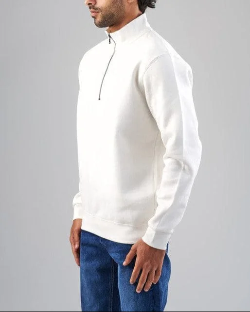 men's stylish fit sweatshirts-ZIP NECK SWEATSHIRT  - OFF WHITE