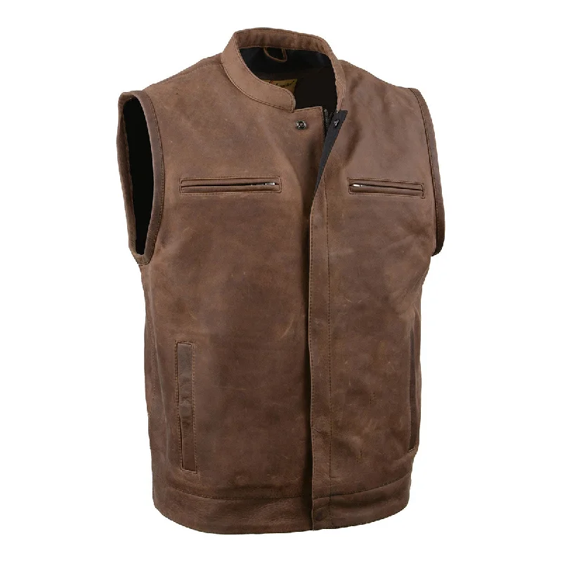 men's high quality vests-Milwaukee Leather MLM3519 Men's “Gambler” Crazy Horse Brown Vintage Leather Vest - Club Style Motorcycle Rider Vest