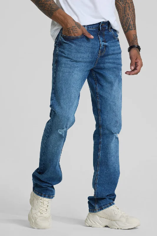 men's chino pants-Blue Distressed Straight Fit Jeans