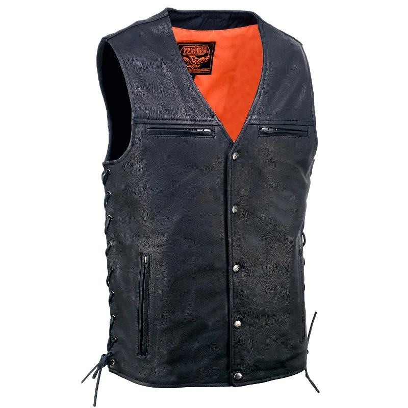 men's minimalist vests-Milwaukee Leather MLM3517 Men's Black Premium Leather Classic V-Neck Side Lace Motorcycle Rider Vest