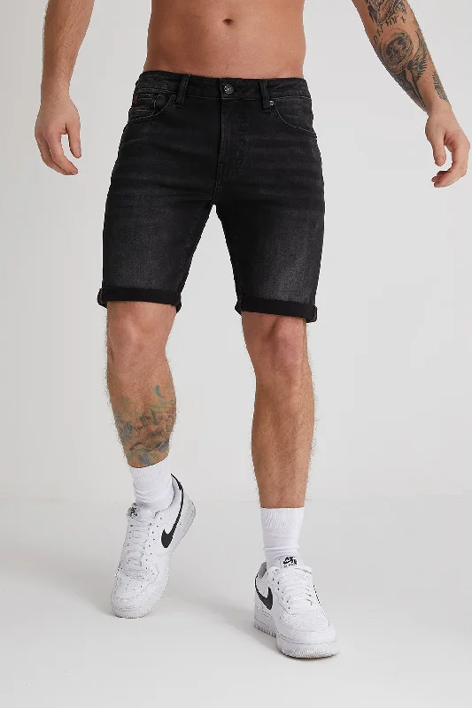 men's travel pants-Texas denim shorts In washed Black