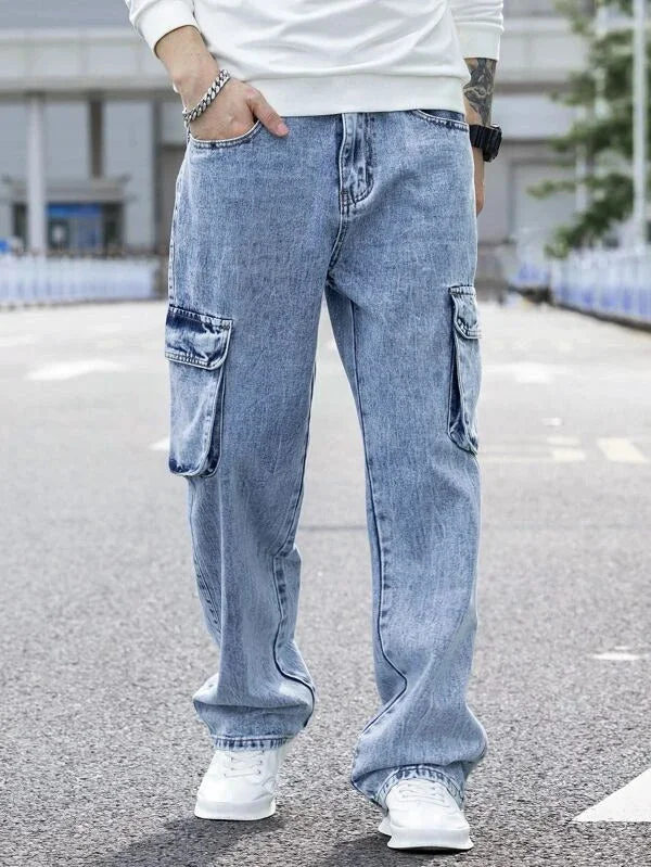 men's fishing trousers-Blue Stone Wash Baggy Fit Cargo Men Jeans