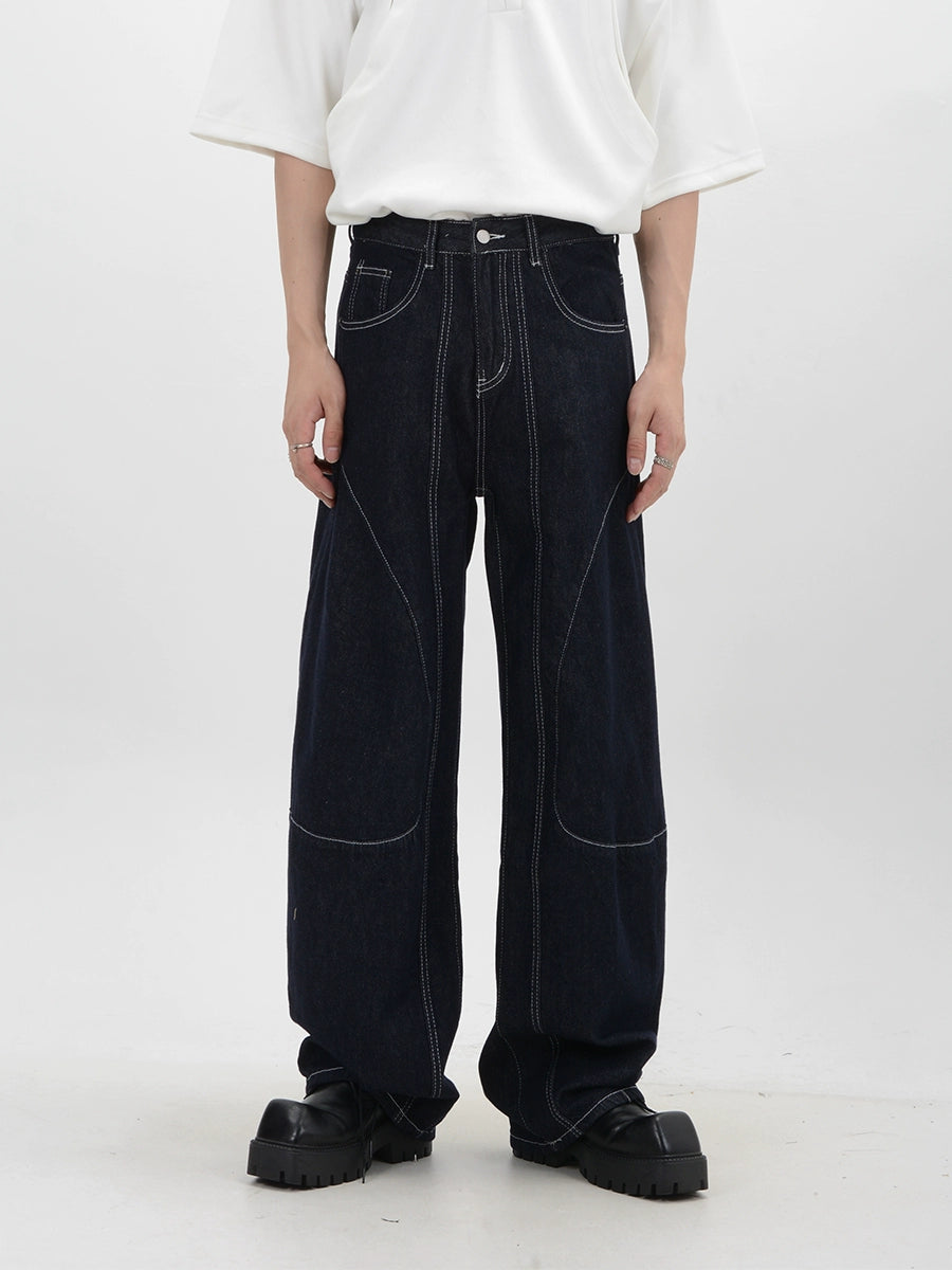 men's sustainable trousers-Contrast Stitch Wide-Leg Denim Jeans