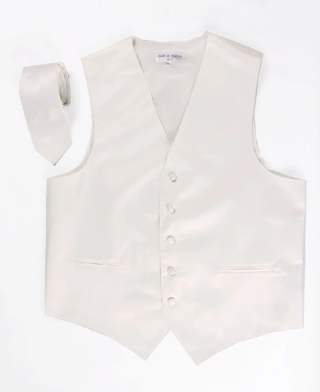 men's fashion vests-Men's Cream Satin Vest with Necktie