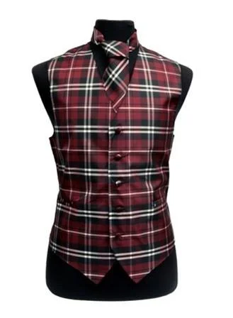 men's climbing vests-Men's Burgundy Plaid Vest with Neck Tie