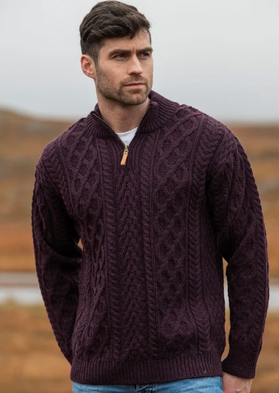 men's v-neck sweaters-Aran Crafts Men's Half Zip Sweater | Plum