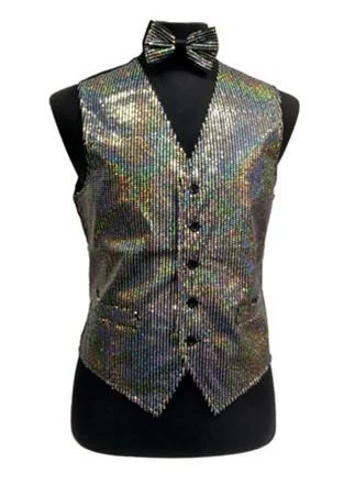 men's sustainable vests-Men's Silver Sequined Vest with Bow Tie