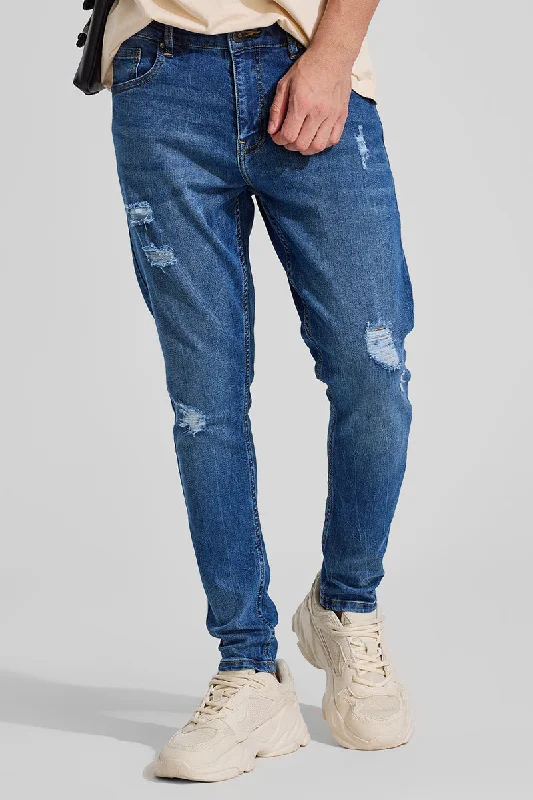 men's patterned trousers-Blue Distressed Skinny Fit Jeans