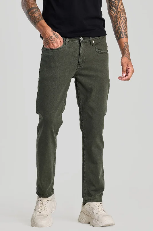 men's tapered pants-Olive Slim Fit Jeans