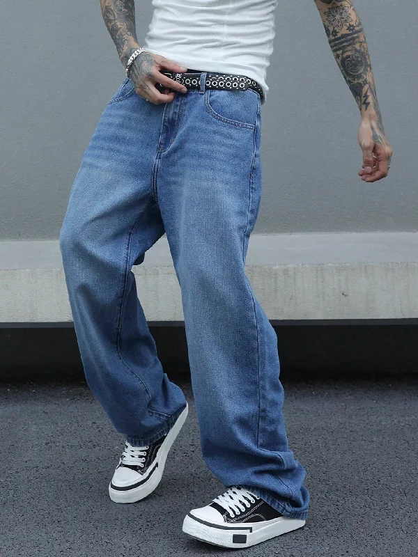 men's running pants-Retro Blue Wash Baggy Jeans